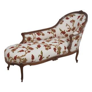 Vintage French Chaise Lounge New Crewel Work Upholstery For Sale
