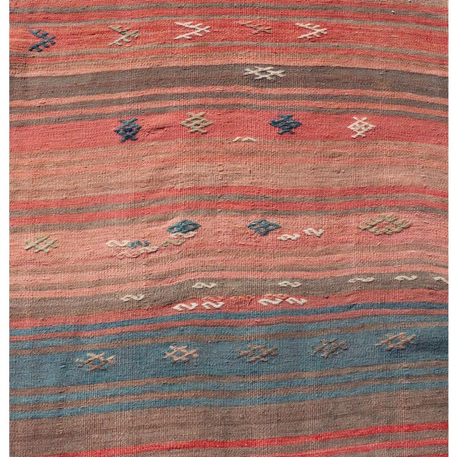 Coral Blue and Beige Striped Vintage Turkish Kilim Handwoven Wool Runner For Sale - Image 9 of 12