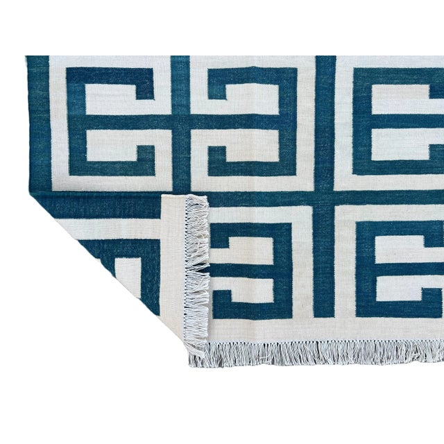 Casa Cosima Not Yet Made - Made To Order Handmade Cotton Natural Vegetable Dyed Teal Blue and White Geometric Pattern Rug - 5'x7' For Sale - Image 4 of 11