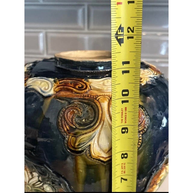 Sculpture Materials Antique Cobalt Blue Sancai Glaze Style Urn 1970’s Reproduction Vase Majolica Pottery 11" High X 10" For Sale - Image 7 of 12