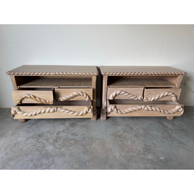 1980’s Vintage Hollywood Regency Style Hand-Carved Wood Commodes – A Pair For Sale - Image 4 of 12