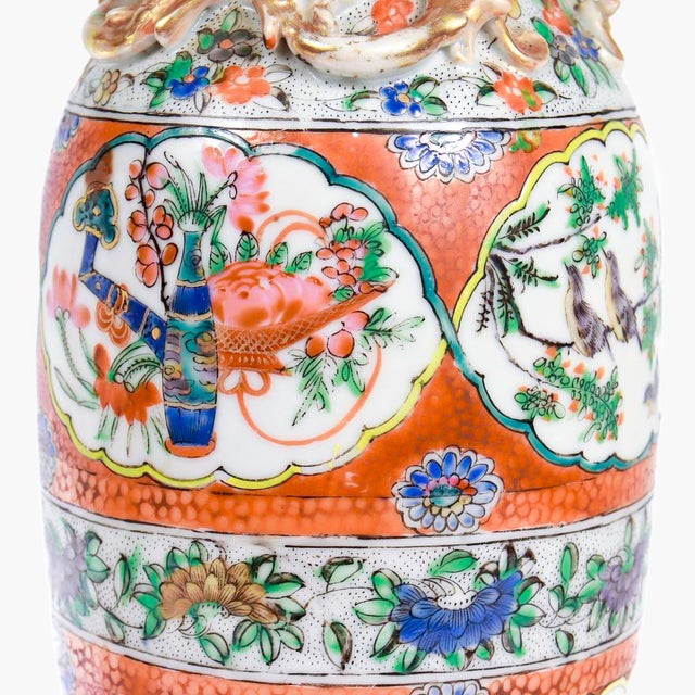 Pair of Antique Chinese Export Famille Rose Canton Orange Ground Vases or Urns For Sale - Image 9 of 12
