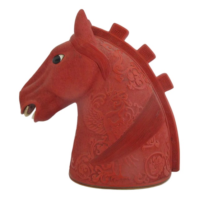 Chinese Cinnabar Lacquer Horse Head Carved Phoenix Bird Sculpture Box For Sale