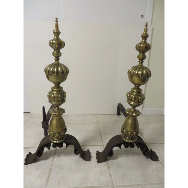 Brass Antique Brass & Iron Andirons - a Pair With Iron Dogs For Sale - Image 8 of 11