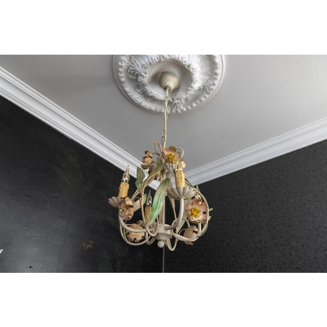 Hollywood Regency Style Floral Painted Metal Four-Light Chandelier, France For Sale - Image 11 of 18