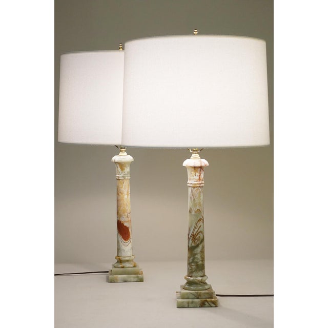 Stone Pair Neo Classic Hollywood Regency Modern Green & Rust Onyx Marble Tuscan Style Column Table Lamps - a Pair For Sale - Image 7 of 10