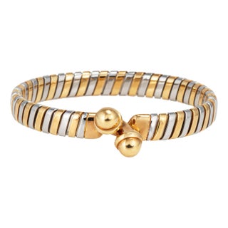 Vintage 1990s Bulgari Tubogas Bracelet 18k Gold Stainless Steel Double Orb Hook For Sale