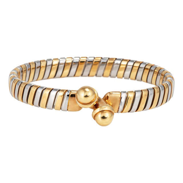 Vintage 1990s Bulgari Tubogas Bracelet 18k Gold Stainless Steel Double Orb Hook For Sale