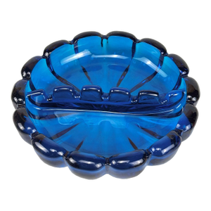 Mid-Century Scalloped Blue Art Glass Round Ruffled Cigar Ashtray
