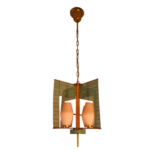 Mathieu Matégot Brass and Opal Glass Chandelier by Mathieu Matégot, 1960s For Sale - Image 4 of 8