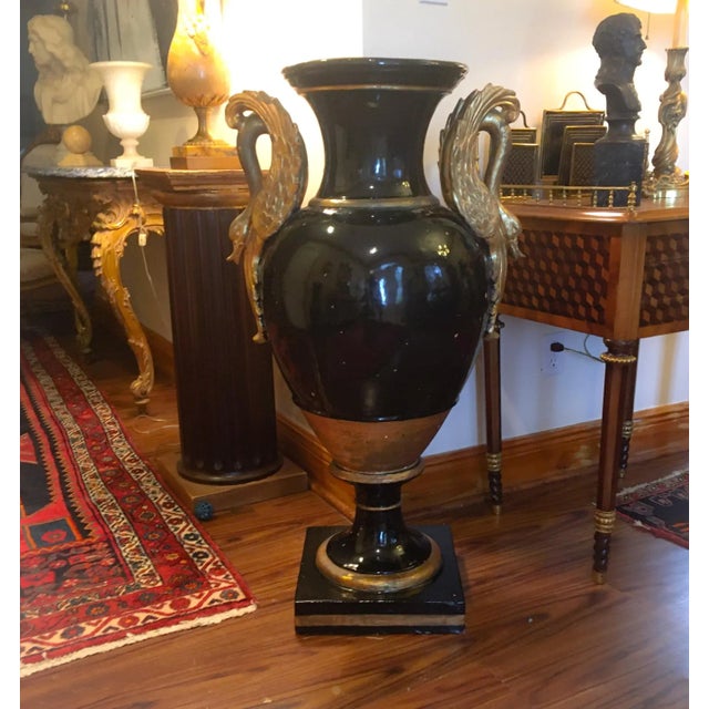 19th century French monumental terracotta cobalt blue glazed vase-urn. This elegant palace sized French cobalt blue glazed...