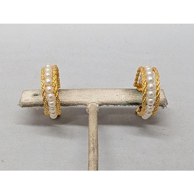 Mid-Century Modern Vintage 1980s Signed Napier Goldtone Faux-Pearl Hoop Clip Earrings-2 Pieces For Sale - Image 3 of 8