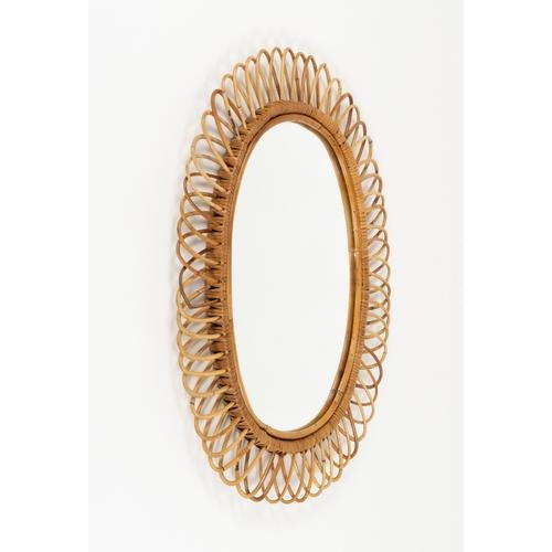 1960s Mid-Century Oval Rattan and Bamboo Wall Mirror attributed to Franco Albini, Italy, 1960s For Sale - Image 5 of 10
