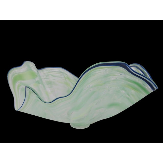 Abstract Large Seaform Blue Green Ruffled Pilchuck Studio Hand Blown Art Glass Bowl For Sale - Image 3 of 13