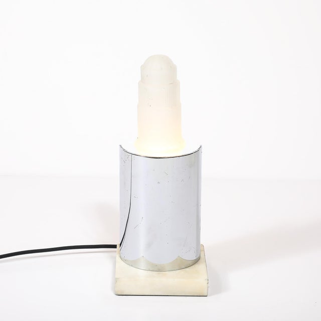 Art Deco Table Lamp in Frosted Glass W/ Polished Chrome Diffuser on Marble Base For Sale - Image 11 of 14