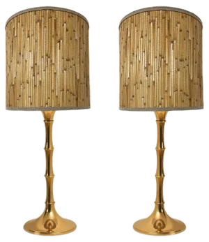 Table Lamps in Gold Brass and Wood attributed to Ingo Maurer, Europe, Germany, 1968, Set of 2