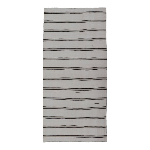 Turkish Vintage Gallery Flat-Weave in Brown, Gray, and Ivory With Stripe Design For Sale