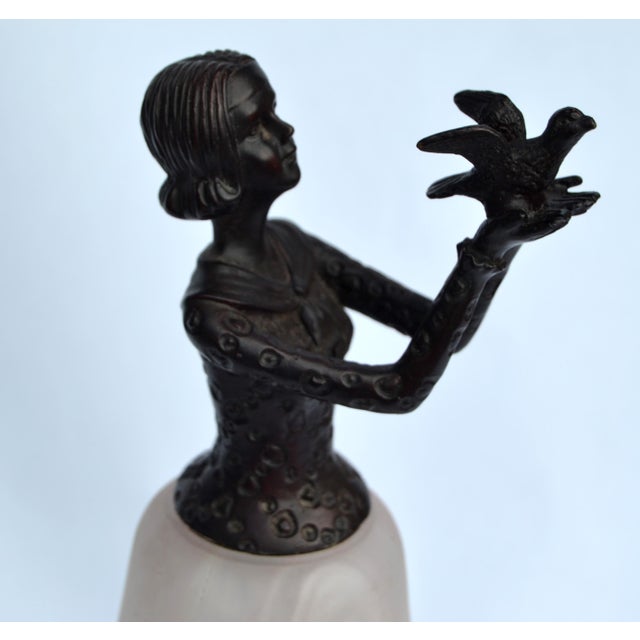 Bruno Zach 1970s Art Deco Bruno Zach Attributed Bronze Sculpture Female Dancer Table Lamp Art Glass Shade For Sale - Image 4 of 15