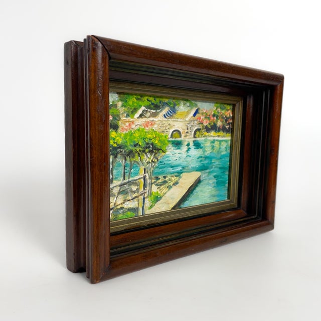 Vintage Petite Painting Framed Waterway with stone bridge. Ready to Hang. Frame measurements of 8 1/2” by 6 1/2” by 2 1/4”...
