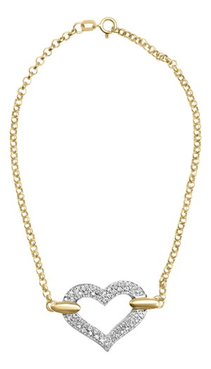 10K Two Tone Gold 1/4 Cttw Diamond Encrusted Heart Charm 7" Bracelet (H-I Color, I1-I2 Clarity)