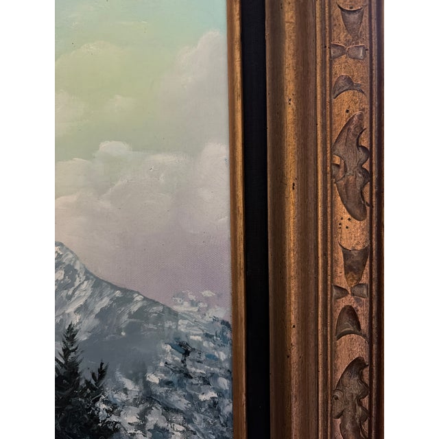 1970s Size 28 X 32 Signed 1977 Original Snowy Alpine River Landscape Acrylic on Canvas in Wood Frame For Sale - Image 5 of 10