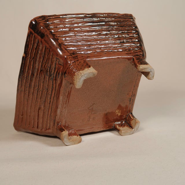 Brick Red Handbuilt Ceramic Vessel With Square Form on Raised Feet With Carved Linear Texture For Sale - Image 8 of 14