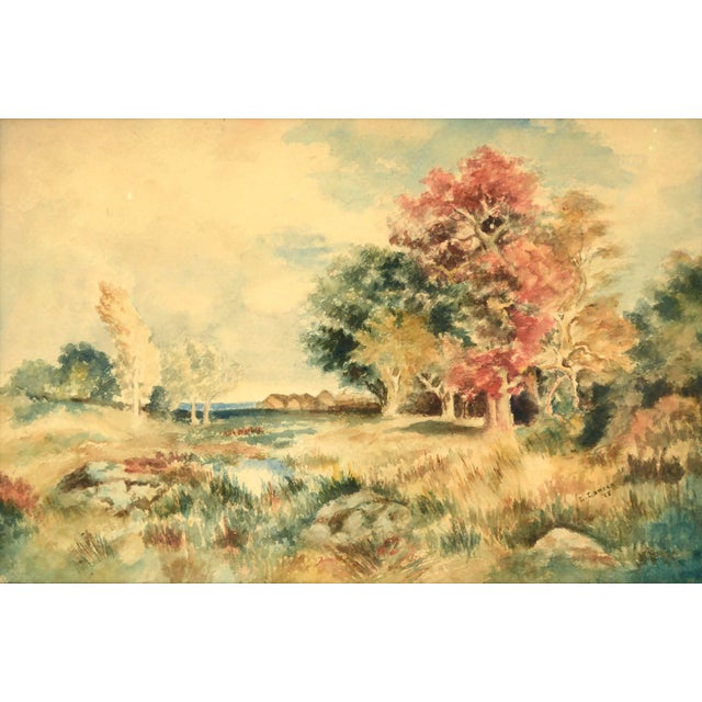 Beautiful early 20th century landscape watercolor by E. Camren (American, 19th-20th Century). This 1908 landscape features...