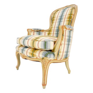 Funky Upholstery Painted & Carved Frame French Ballon Back Arm Lounge Chair MINT For Sale