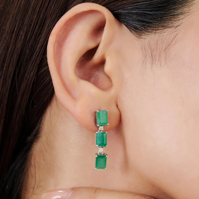 Art Deco Natural 6.32 Ct Octagon Emerald & Diamond Three Stone Dangle Earrings - 2 Pieces For Sale - Image 6 of 11
