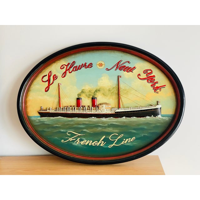 Gorgeous antique French American shipping liner basrelief carved in wood and painted on board in oval frame.