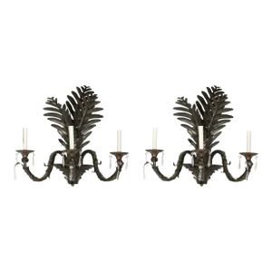 Pair of Tole Metal Palm Frond Three Arm Sconces