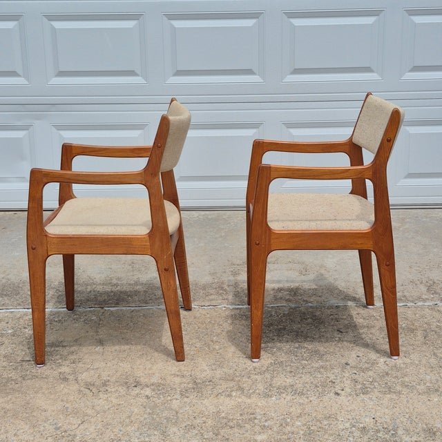 1970s D-Scan Danish Modern Style Teak Arm Chairs Oatmeal Upholstery, a Pair For Sale - Image 10 of 14