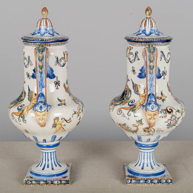 French Pair of 19th Century French Gien Faience Urns For Sale - Image 3 of 15
