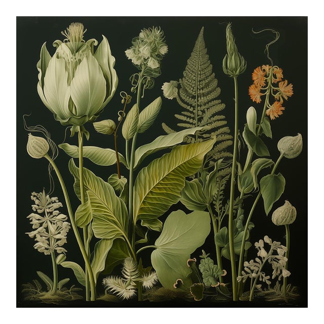 20' X 20' Original Watercolor Botanical Fine Art Print - Dark Green, Unframed For Sale