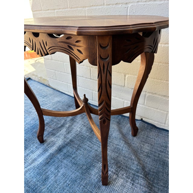 Late 19th Century Antique Carved Walnut Accent Table / Side End Table. Featuring Wavy, Marquetry Inlaid Top and Cabroile Legs For Sale - Image 5 of 9
