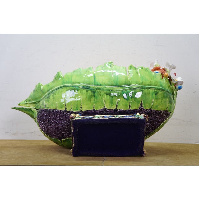 Antique Italian Majolica Footed Banana Leaf Centerpiece Monteith Bowl 26" For Sale - Image 4 of 17
