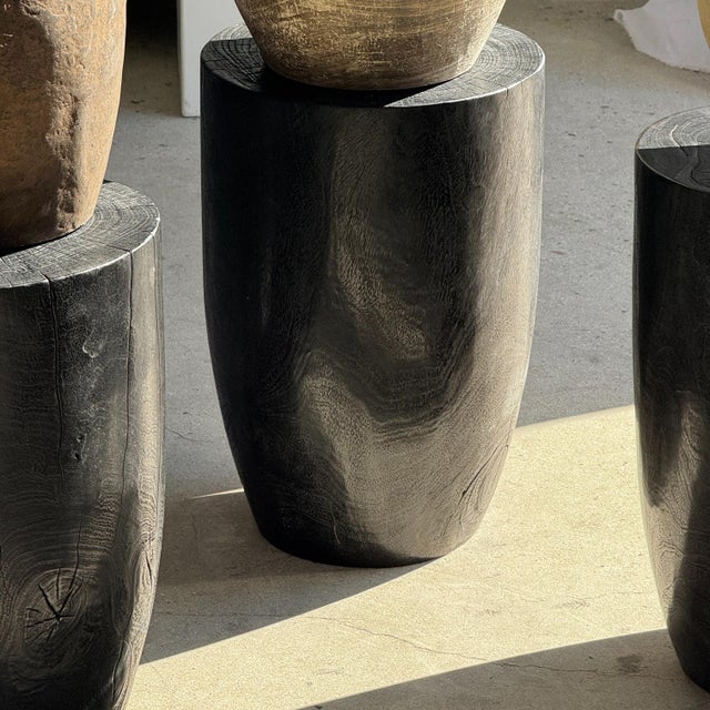 Black Cylindrical Side Table in Black Mango Wood, 1980s For Sale - Image 8 of 11