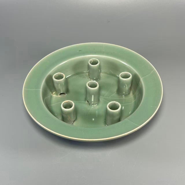 Chinese China Vintage‑Style Celadon Five‑tube Flower Holder Plate For Sale - Image 3 of 5