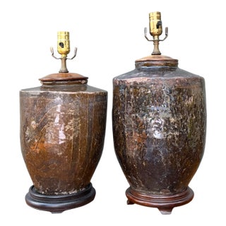 Vintage Boho Glazed Ceramic Lamps - Set of 2 For Sale