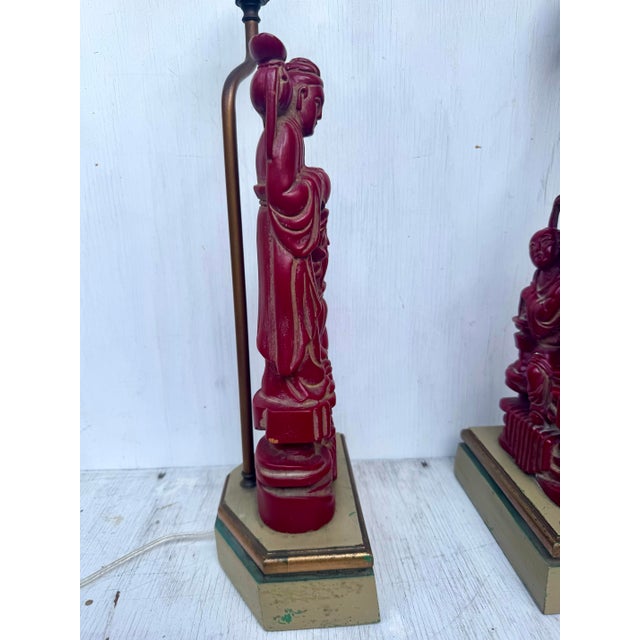 Fine Antique Carved Wood Chinese Immortals Fisherman and Deity Cinnabar Style Finish Pair Lamps For Sale - Image 9 of 12