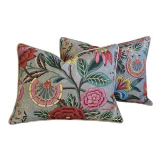 Anna French Designer Thibaut Linen & Velvet Floral Feather/Down Pillows 24" X 18" - Pair For Sale