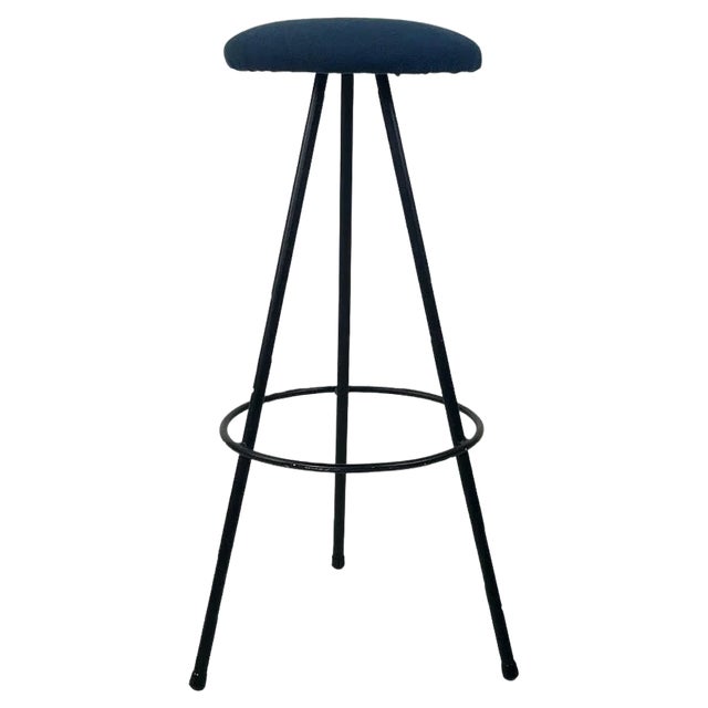 Mid-Century Italian Modern Black Metal and Blue Fabric Tripod Stool, 1950s For Sale