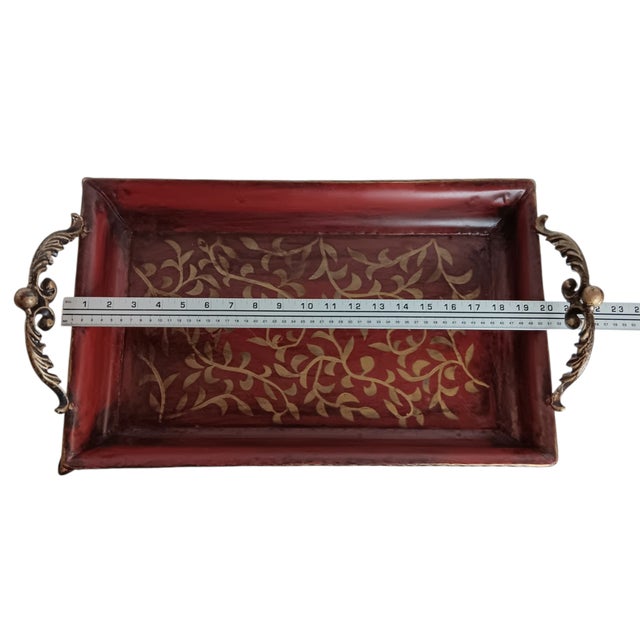 Large Metal Serving Tray Cranberry Red and Gold Leaf Vine Design Ornate Handles For Sale - Image 16 of 18