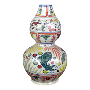 Chinese Vintage Ceramic Vase,Blue and White Famille Verte Porcelain Gourd Vase Hand Painted Fish and Waterweed Pattern
