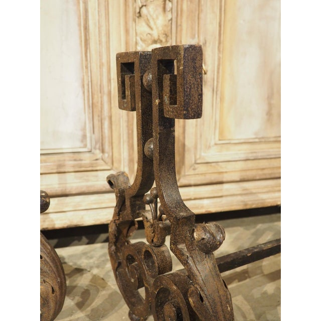 Pair of Decorative French 1940s Wrought Iron and Tole Fireplace Chenets For Sale - Image 12 of 18