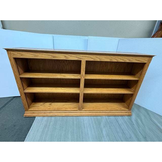 Double-Wide Golden Oak Wood Bookcase For Sale - Image 4 of 12