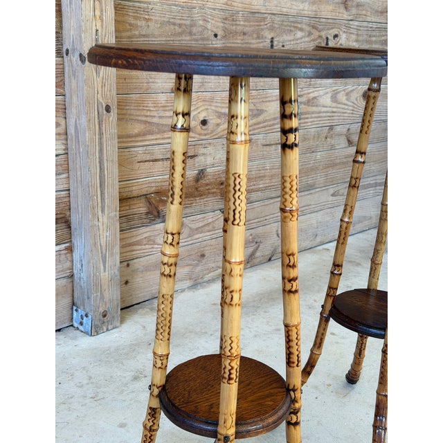 Wood Pair of Victorian Scorched Bamboo Plant Stands With Bamboo Root Feet For Sale - Image 7 of 12