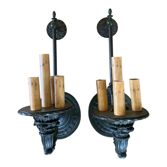 Fabulous Pair of Large Beau Arts Acanthus Leaf Pattern Wall Scones in Original Old Green Paint, Circa 1910 For Sale