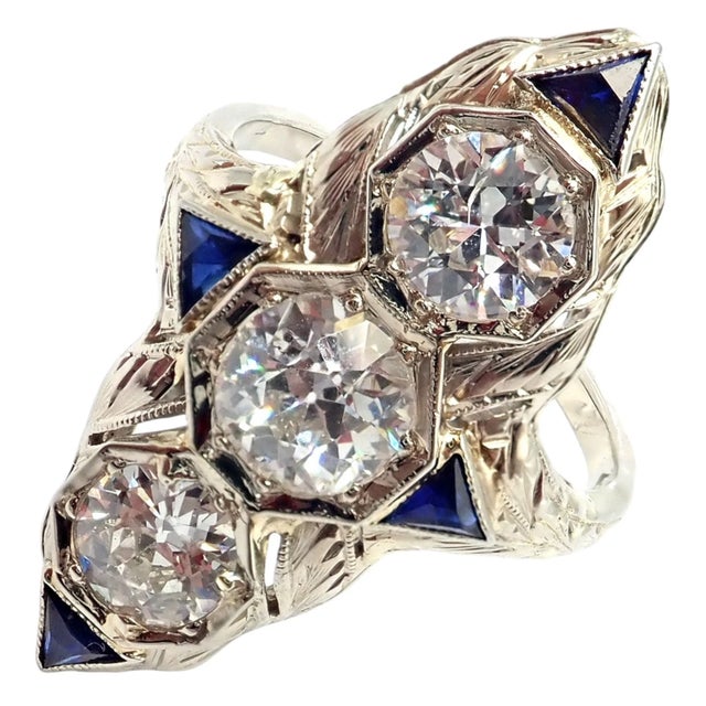 Silver Vintage Estate White Gold Diamond Sapphire Art Deco Ring, Size 7 For Sale - Image 8 of 11