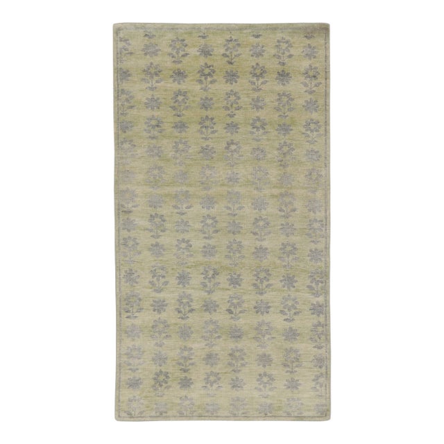 Rug & Kilim’s Block Print Rug with Gray, Chartreuse and Ochre Floral Patterns For Sale